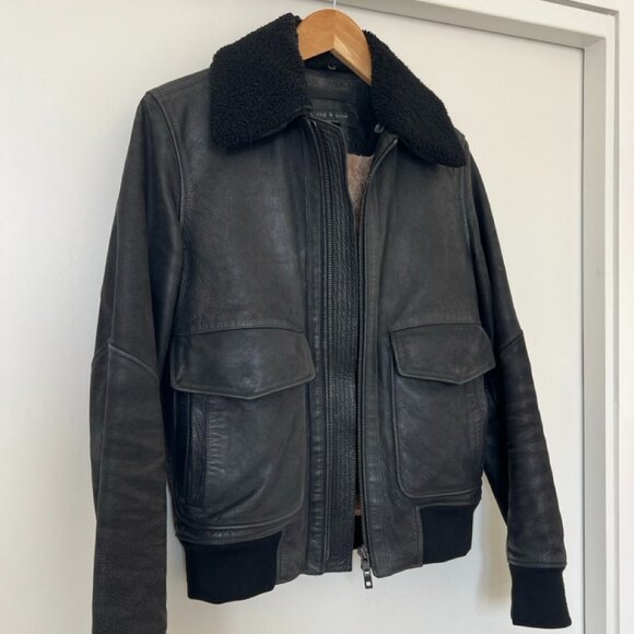 Rag & Bone Leather Bomber Jacket - removable shearling collar - Picture 4 of 16